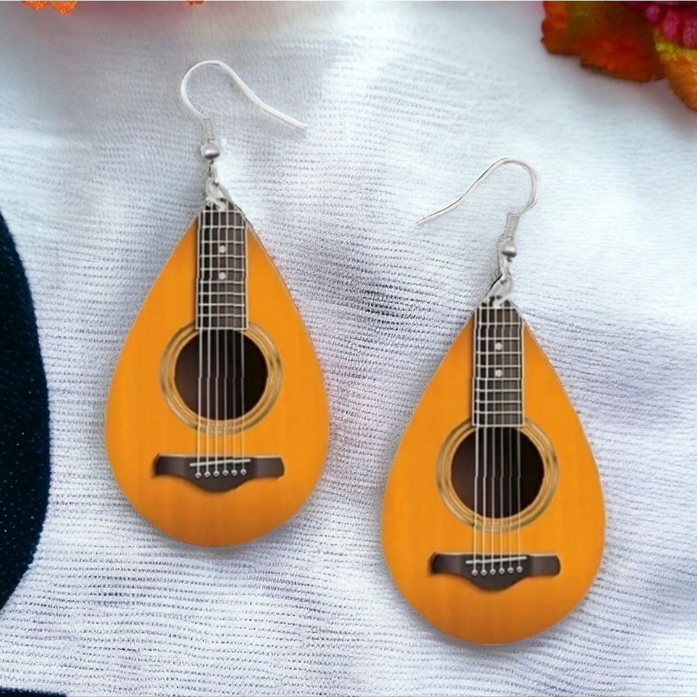 Guitar Ukulele Wooden Teardrop Dangle Earrings Cute Musical Instrument Jewelry